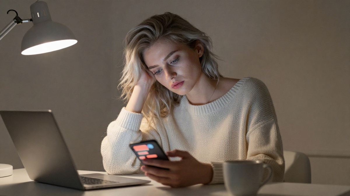 Уставшая девушка смотрит на смартфон с множеством уведомлений в вечернем домашнем офисе