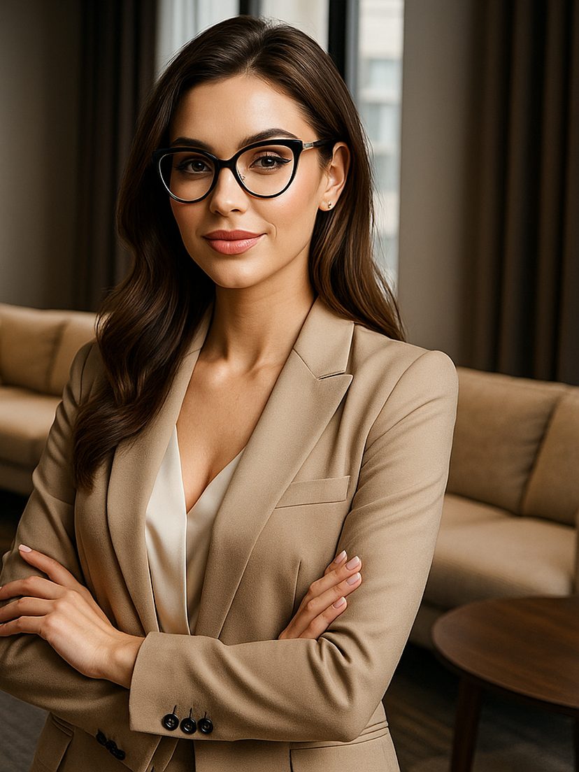 Гламурная девушка в очках в современном интерьере с ковровой плиткой